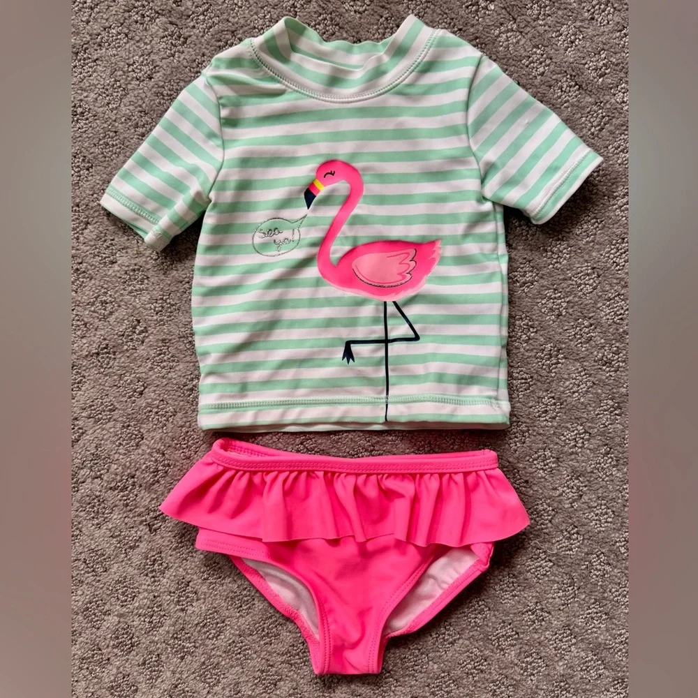 Carter’s 9m swim set with pink flamingo stripes top and ruffle bottom 🦩 VGUC